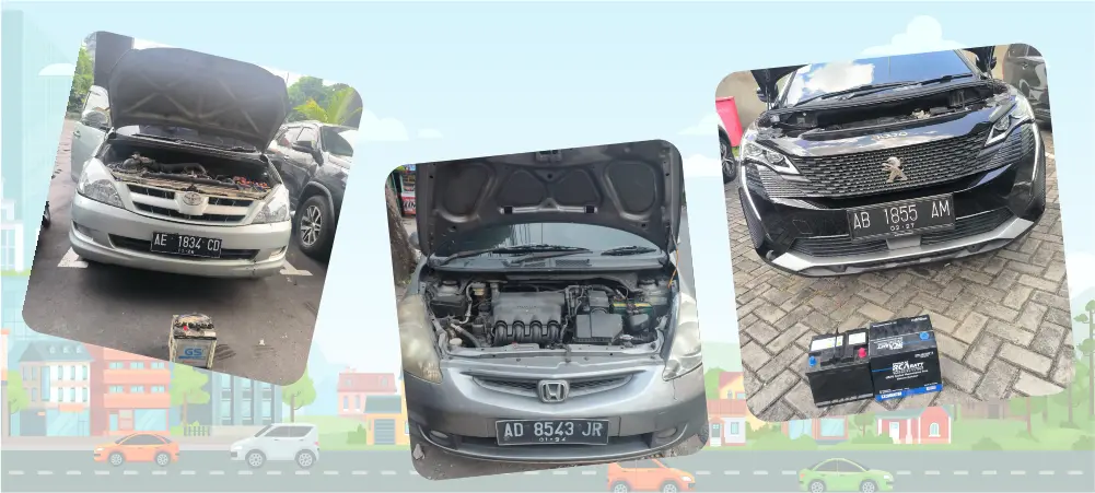 Pemasangan aki mobil panggilan langsung ke lokasi pelanggan oleh teknisi Handayani Aki
